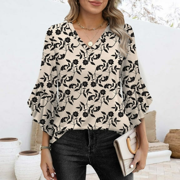 frariair ​3/4 Sleeve Flowy Top Featuring Flared Silhouette Perfect For Office Meetings And Evening Parties​ Beige