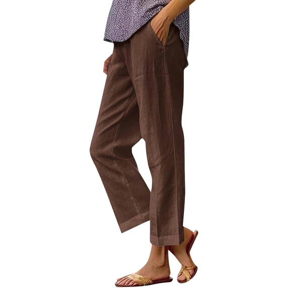 frariair Artistic Patchwork Detail Cotton Linen Pants For Women Loose Fit High Waisted Comfort Wear With Decorative Pockets Brown