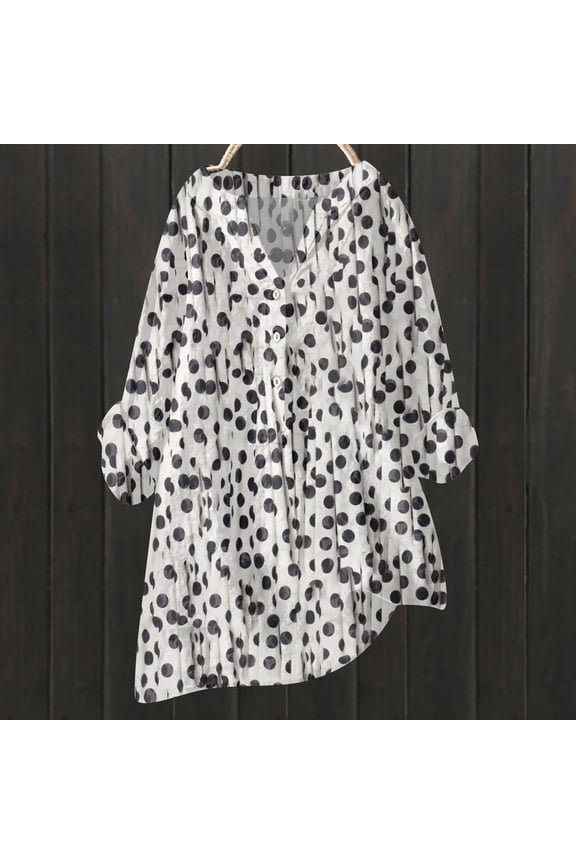 ​Artistic Print Ladies Pullover Blouse Relaxed Fit Short Sleeve Top With Lapel Collar For Spring Summer Casual Wear​ White