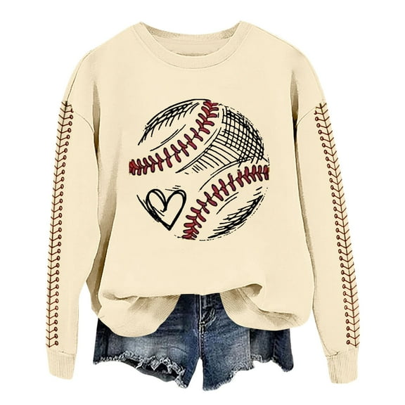 frariair Baseball Print Women Pullover Crew Neck Casual Top Long Sleeve Loose Fit Fleece Hoodie Streetwear Style Beige L