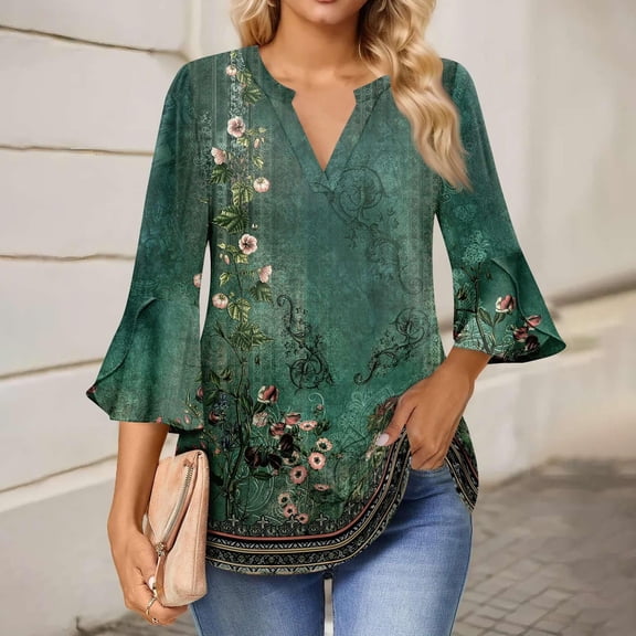 frariair ​Bell Sleeve Casual Blouse Featuring Stretchy Fabric Perfect For Museum Outings And Cultural Events​ Green