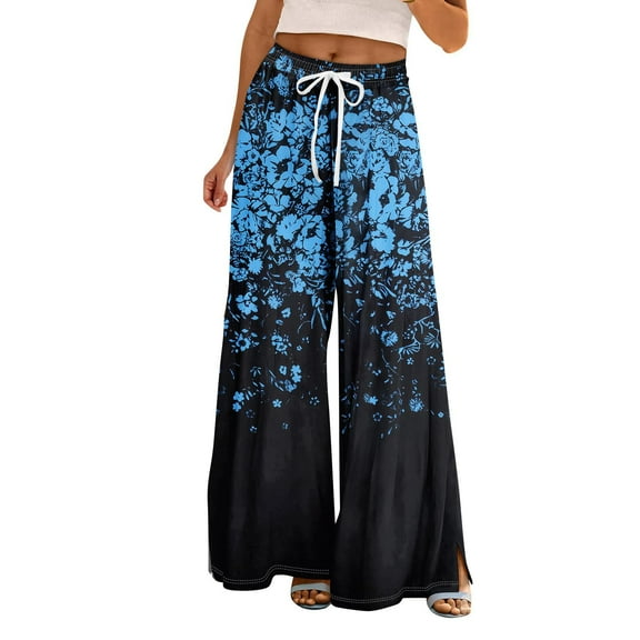frariair ​Bohemian Style Palazzo Pants For Women Stretch Waist Lightweight Travel Trousers Wide Leg Comfort Beach Resort Outfit​ Blue