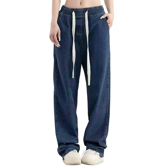 frariair ​Boho Chic Baggy Denim Pants For Women High Rise Relaxed Fit Destroyed Jeans With Functional Pockets​ Dark Blue