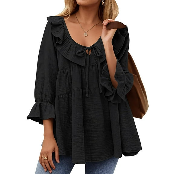 frariair ​Boho Chic Chiffon Top Featuring Adjustable Waist Detail Perfect For Fall Wedding Guest Attire​ Black
