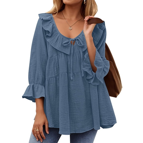 frariair ​Boho Chic Chiffon Top Featuring Adjustable Waist Detail Perfect For Fall Wedding Guest Attire​ Blue