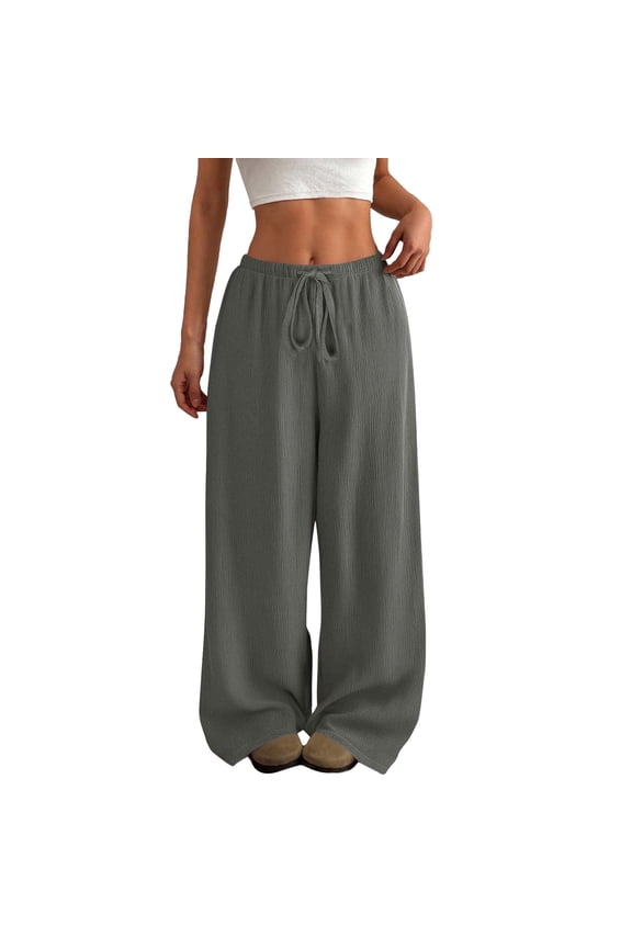 Boho Crinkle Fabric Palazzo Pants For Women Elastic Comfort Waist Lightweight Drape Casual Pants With Pockets Versatile Wear Grey