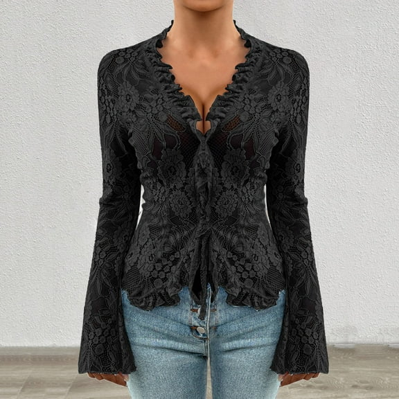 frariair ​Boho Inspired See-Through Blouse Featuring Adjustable Tie Design Perfect For Date Night Elegance And Music Event Style​ Black