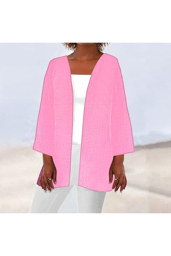 Boho Style 3/4 Sleeve Open Front Duster Jacket With Retro Design Perfect For Layering And Stylish Everyday Wear Pink