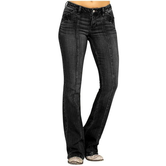 frariair Bootcut Jeans for Women Mid Waisted Denim Embroidery Stretch Button Flare Pants Black