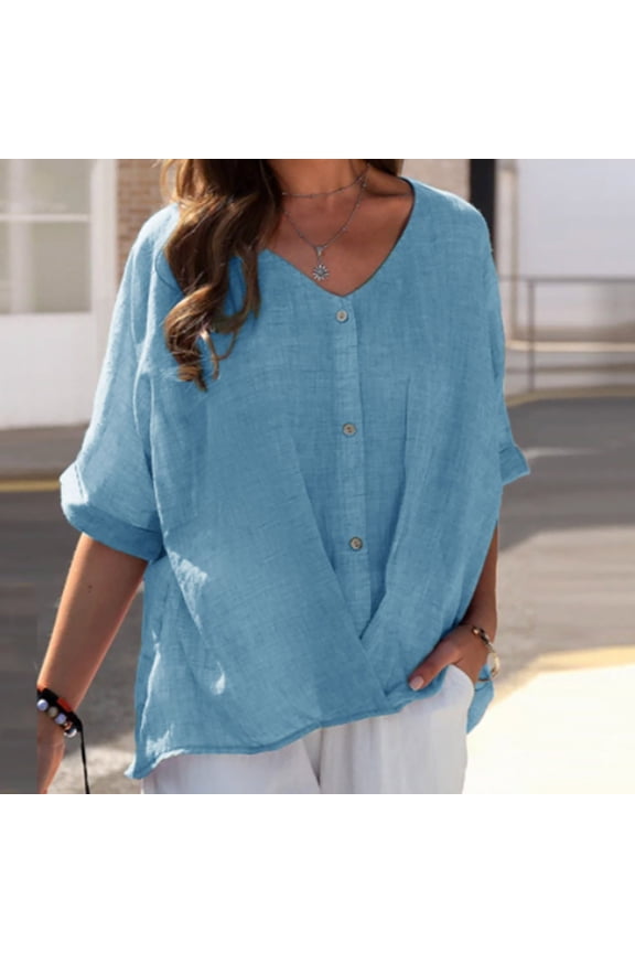 ​Breathable Cotton Linen Pullover Featuring Rolled Sleeves Perfect For Farmers Market Exploration And Coastal Village Wear​ Blue