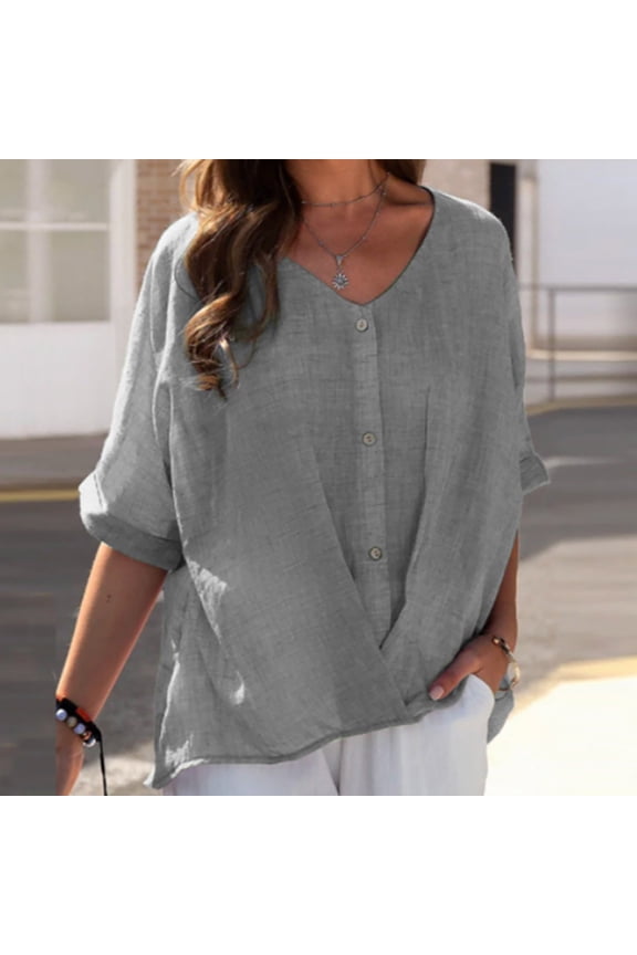 ​Breathable Cotton Linen Pullover Featuring Rolled Sleeves Perfect For Farmers Market Exploration And Coastal Village Wear​ Grey