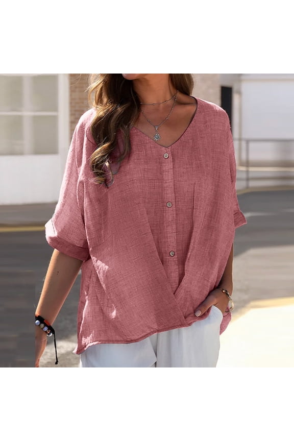 ​Breathable Cotton Linen Pullover Featuring Rolled Sleeves Perfect For Farmers Market Exploration And Coastal Village Wear​ Pink