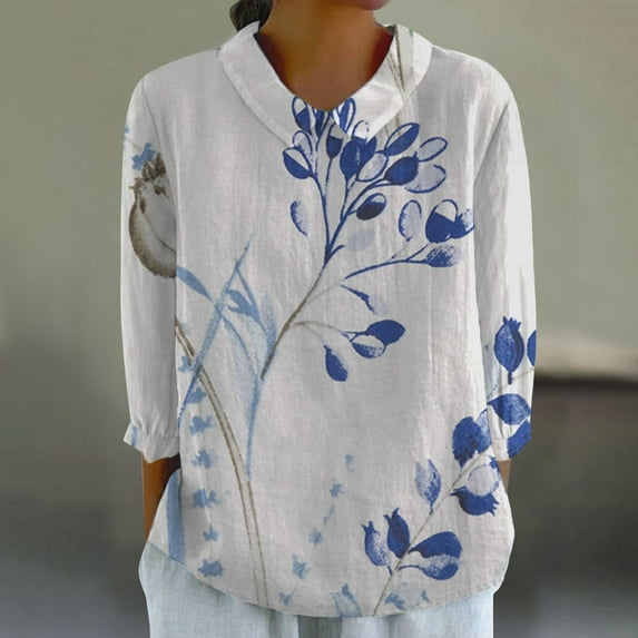 frariair Breathable Ladies Tunic Blouse Three Quarter Sleeve V-Neck Tee Flowy Casual Top For Spring Summer And Fall Wear Blue