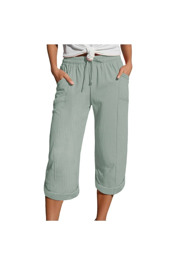 Breathable Muslin Bubble Texture Capri Pants For Women High Waisted Elastic Comfort Beach Lounge Trousers With Functional Pockets Silver