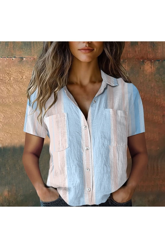 ​Breathable Summer Striped Shirt Women's Fashion Down Blouse Lightweight Stretchy Comfort Office Vacation Tops​ Light Blue