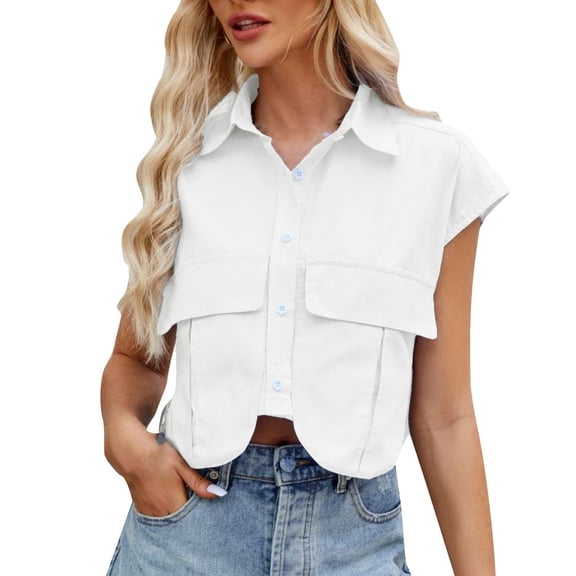 frariair ​Button Down Crop Top Featuring Cap Sleeves And Functional Pockets Perfect For Island Hopping And Cruise Wear​ White