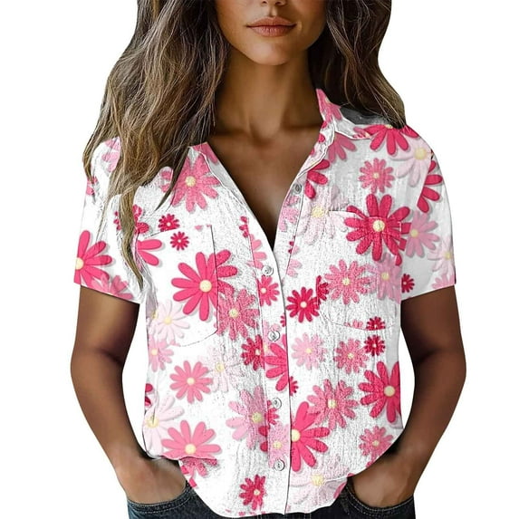 frariair Button-Up Shirts Women Cotton Shirt Printed Fashion Down Shirts Casual Tops Short Sleeve Blouse Pink