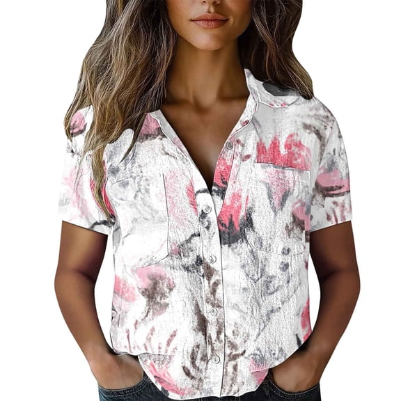frariair Button-Up Shirts Women Cotton Shirt Printed Fashion Down Shirts Casual Tops Short Sleeve Blouse White