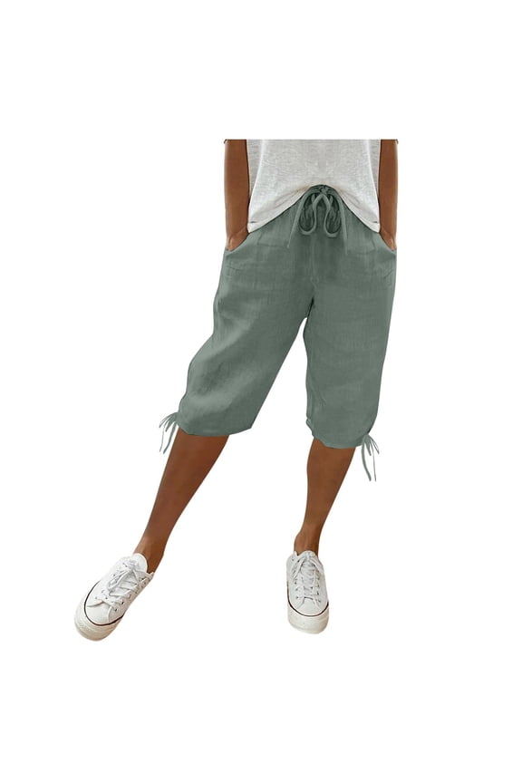 Cargo Pants Women Knee Length Short Ladies Loose Drawstring Casual Color Shorts Green