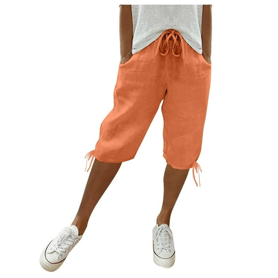 frariair Cargo Pants Women Knee Length Short Ladies Loose Drawstring Casual Solid Color Shorts Orange