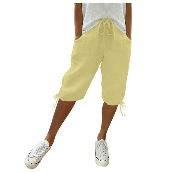 frariair Cargo Pants Women Knee Length Short Ladies Loose Drawstring Casual Solid Color Shorts Yellow