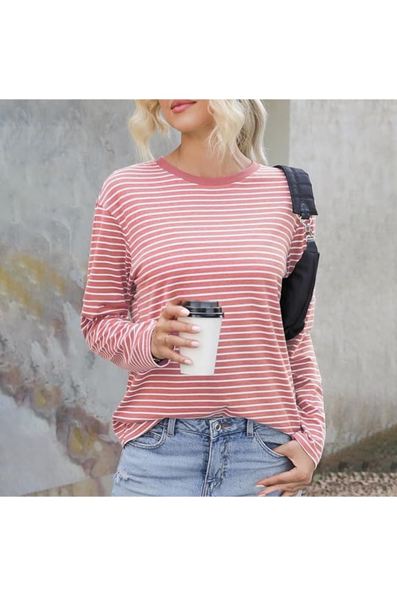 ​Classic Crew Neck Striped Tee Featuring Textured Fabric Perfect For Smart Casual Ensembles And Office Ready Style​ Pink