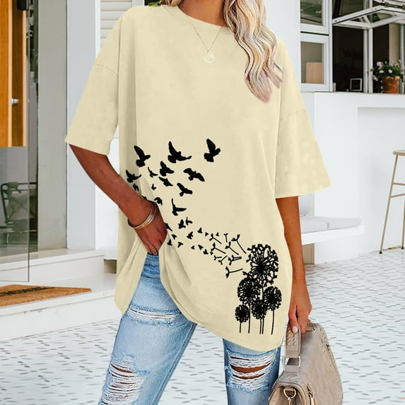 frariair ​Colorful Bloom Pattern Cotton T-Shirt With Relaxed Fit Design Perfect For Vacation Wear And Youthful Style Statements​ Beige