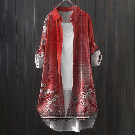 frariair ​Colorful Celebration Print Ladies Tunic Blouse Three Quarter Sleeve Crew Neck Top For Themed Events​ Red