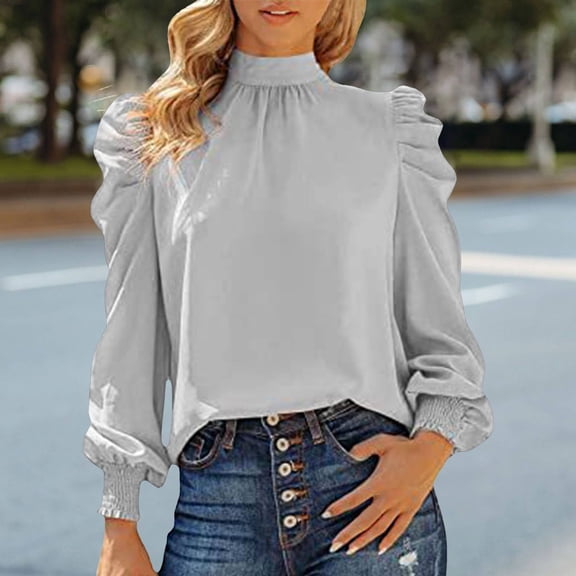 frariair ​Dramatic Sleeve Blouse Featuring High Neck Design Perfect For Harvest Festivals And Cozy Cafe Culture​ Grey