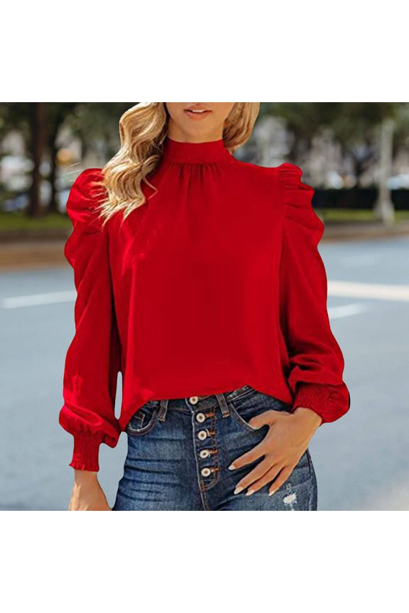 Dramatic Sleeve Blouse Featuring High Neck Design Perfect For Harvest Festivals And Cozy Cafe Culture Red