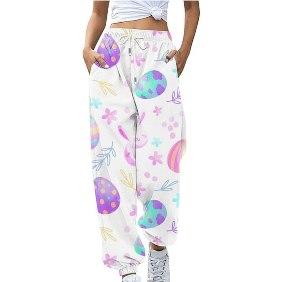 frariair Easter Pants for Women Drawstring Jogger Sweatpants Spring Bunny Egg Printed Loose Casual Baggy Lounge Trousers with Pockets