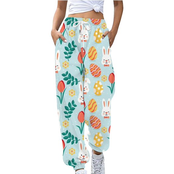 frariair Easter Pants for Women Drawstring Jogger Sweatpants Spring Bunny Egg Printed Loose Casual Baggy Lounge Trousers with Pockets