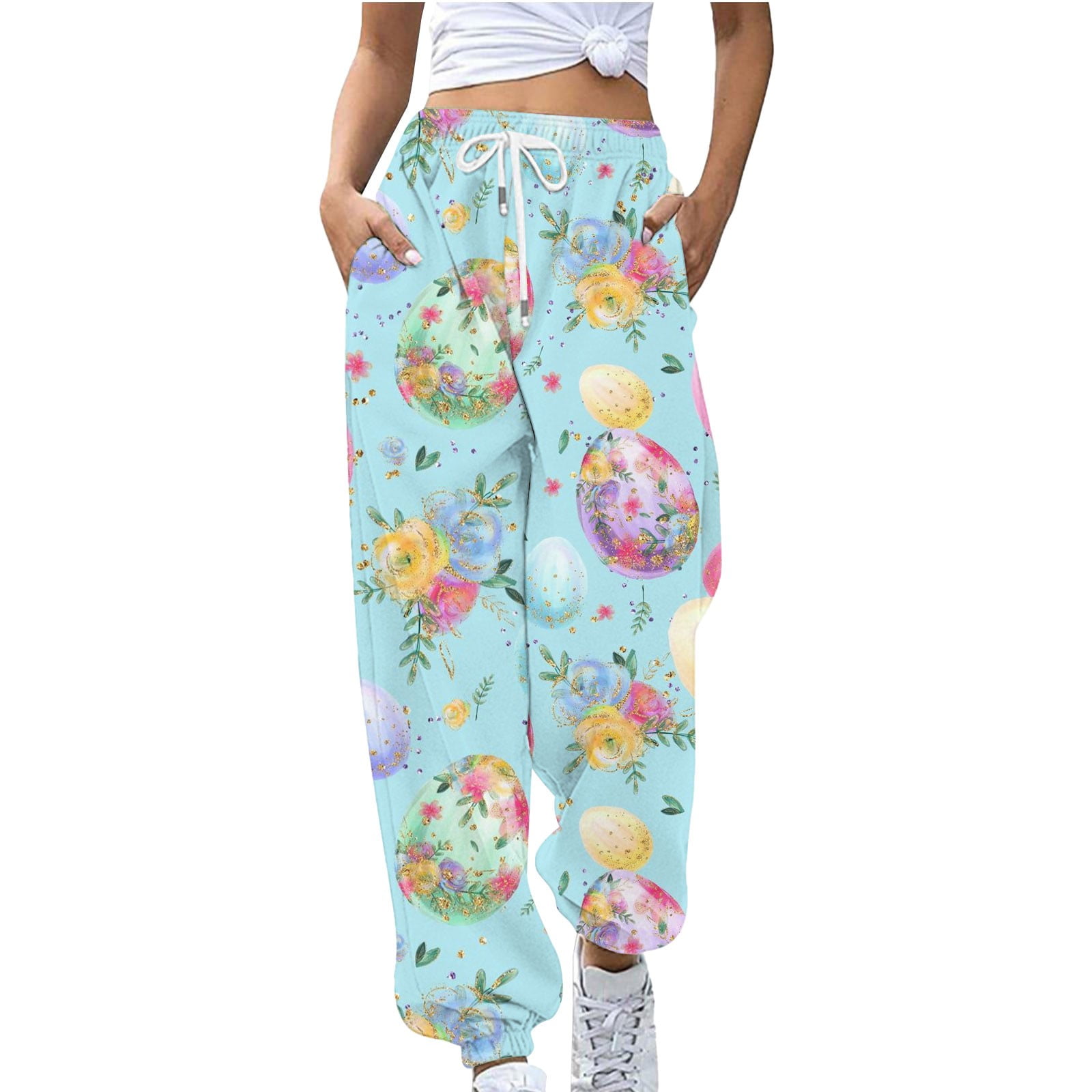 Easter Pants for Women Drawstring Jogger Sweatpants Spring Bunny Egg Printed Loose Casual Baggy Lounge Trousers with Pockets