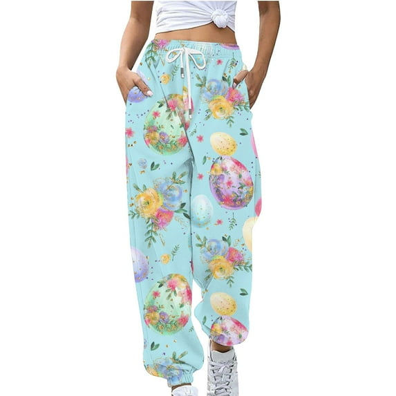 frariair Easter Pants for Women Drawstring Jogger Sweatpants Spring Bunny Egg Printed Loose Casual Baggy Lounge Trousers with Pockets
