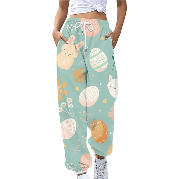 frariair Easter Pants for Women Drawstring Jogger Sweatpants Spring Bunny Egg Printed Loose Casual Baggy Lounge Trousers with Pockets