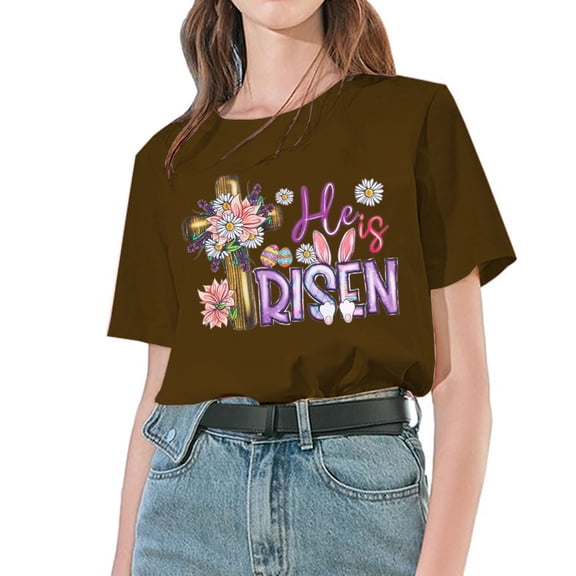 frariair Easter Shirts for Women Bunny Graphic Tees Shirt He Is Risen Flower T Shirt Egg Groovy Short Sleeve Tee Top Summer Tops