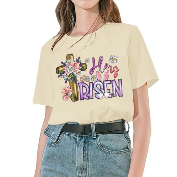 frariair Easter Shirts for Women Bunny Graphic Tees Shirt He Is Risen Flower T Shirt Egg Groovy Short Sleeve Tee Top Summer Tops