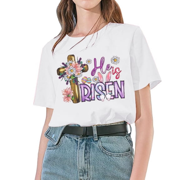 frariair Easter Shirts for Women Plus Size Bunny Graphic Tees Shirt He Is Risen Flower T Shirt Egg Groovy Short Sleeve Tee Top Summer Tops