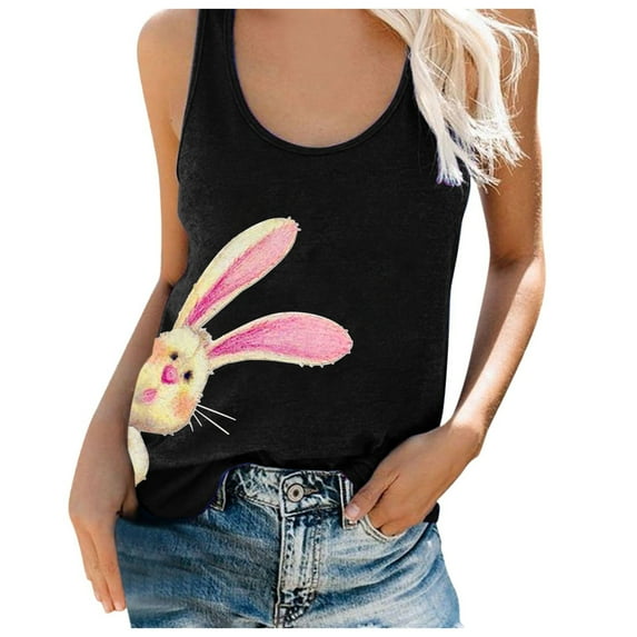 frariair Easter Shirts for Women Summer O Neck Top Sleeveless TShirts Rabbit Pattern Print Tank Tops Graphic Tees Summer Tank Top