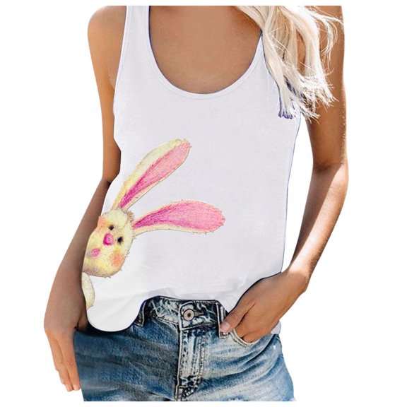 frariair Easter Shirts for Women Summer O Neck Top Sleeveless TShirts Rabbit Pattern Print Tank Tops Graphic Tees Summer Tank Top