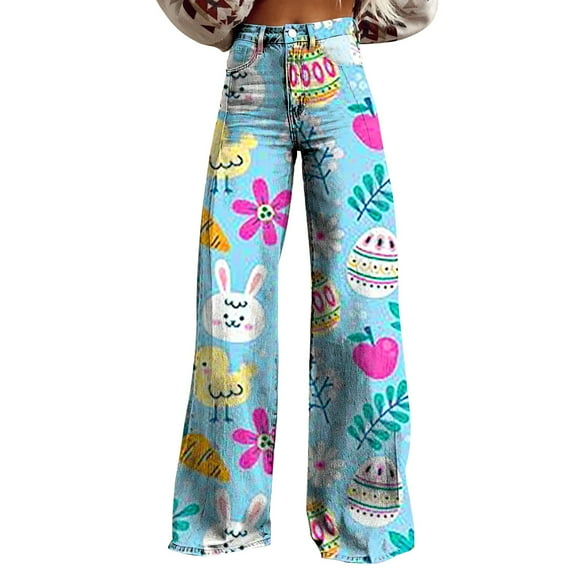 frariair Easter Wide Leg Pants for Women Trendy Bunny Egg Print Plus Size High Waisted Jeans Denim Pants