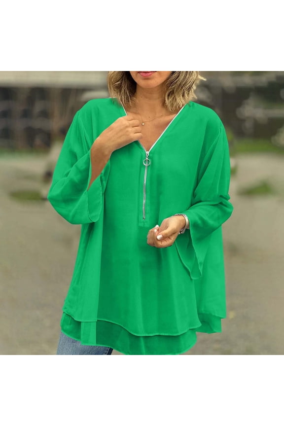 Elegant 3/4 Sleeve Tunic Top Featuring Statement Zipper Accent Perfect For Conference Attire And After-Work Cocktail Sophistication Green