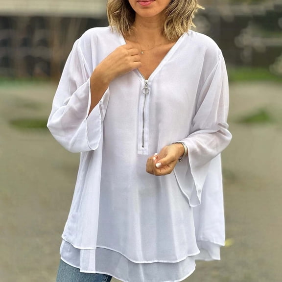 frariair ​Elegant 3/4 Sleeve Tunic Top Featuring Statement Zipper Accent Perfect For Conference Attire And After-Work Cocktail Sophistication​ White