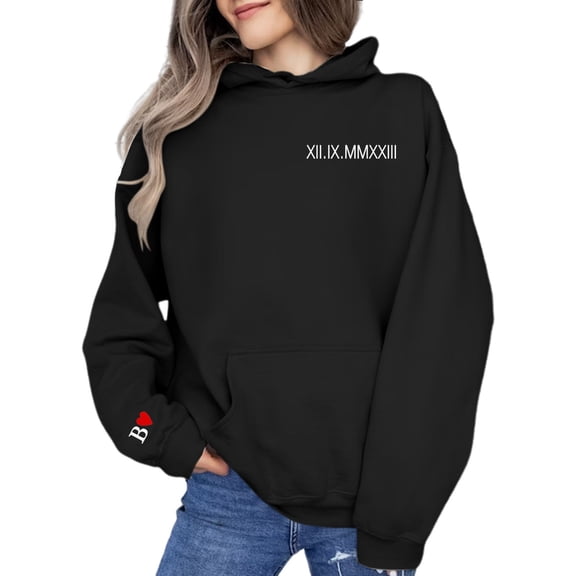 frariair Embroidered Roman Numerals Date Hoodie Women Quarter Zip Pullover Custom Anniversary Couple Shirt Gift Idea Black M