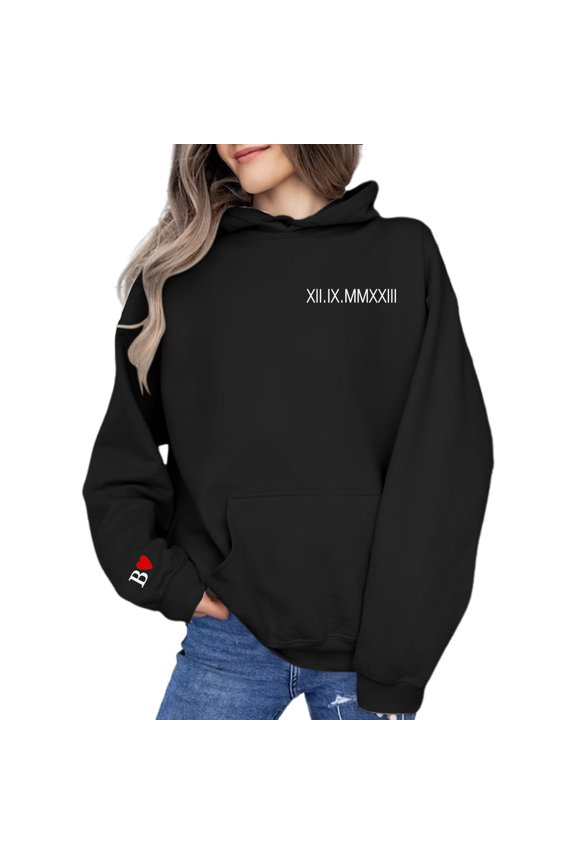 Embroidered Roman Numerals Date Hoodie Women Quarter Zip Pullover Custom Anniversary Couple Shirt Gift Idea Black M