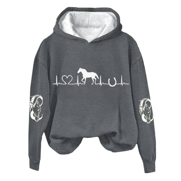 frariair Equestrian Graphic Print Hooded Fleece Sweatshirt Women Casual Loose Fit Long Sleeve Pullover Top For Winter Comfort Dark Gray S