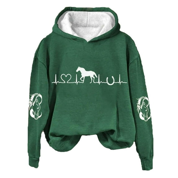 frariair Equestrian Graphic Print Hooded Fleece Sweatshirt Women Casual Loose Fit Long Sleeve Pullover Top For Winter Comfort Green M