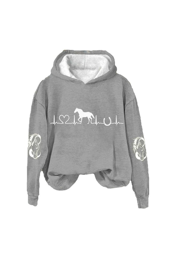 Equestrian Graphic Print Hooded Fleece Sweatshirt Women Casual Loose Fit Long Sleeve Pullover Top For Winter Comfort Grey S