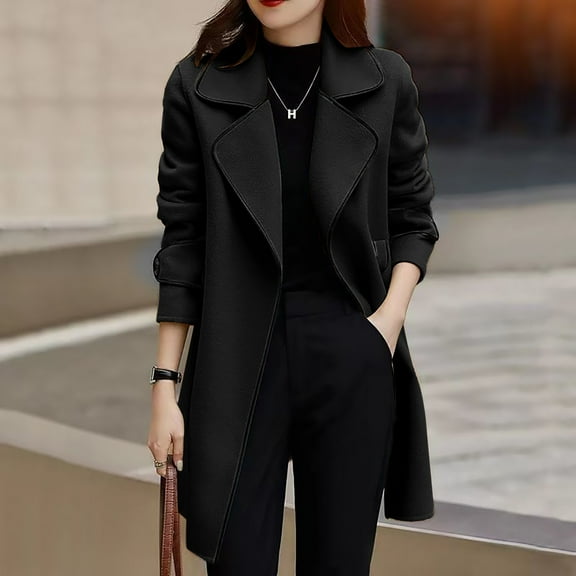 frariair ​Faux Wool Longline Jacket Featuring Belted Waist Perfect For Professional To Casual Style Shifts​ Black