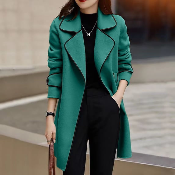 frariair Faux Wool Longline Jacket Featuring Belted Waist Perfect For Professional To Casual Style Shifts Green